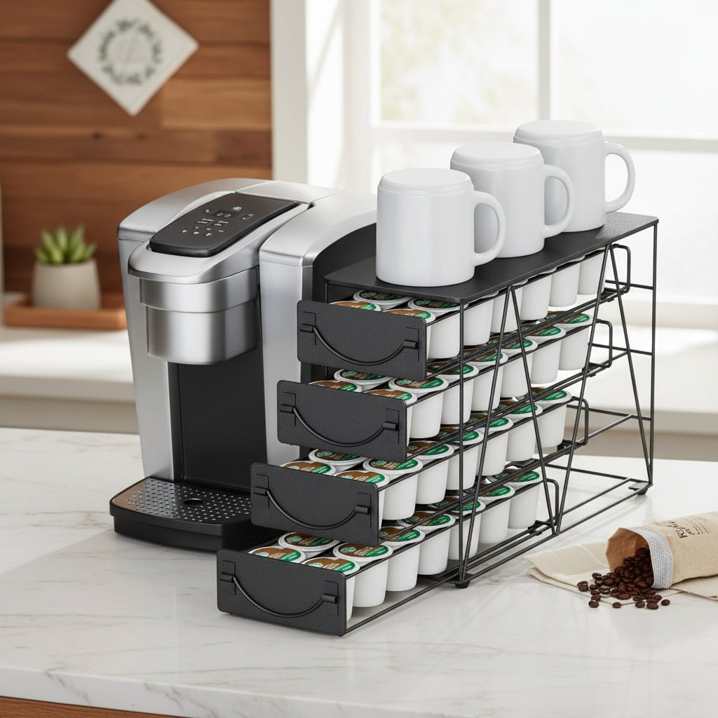 HFHOME 56 - Pod Vertical Coffee Organizer | 4 - Tier Metal K - Cup Storage Drawer (Black) - Hippopotamus Barn
