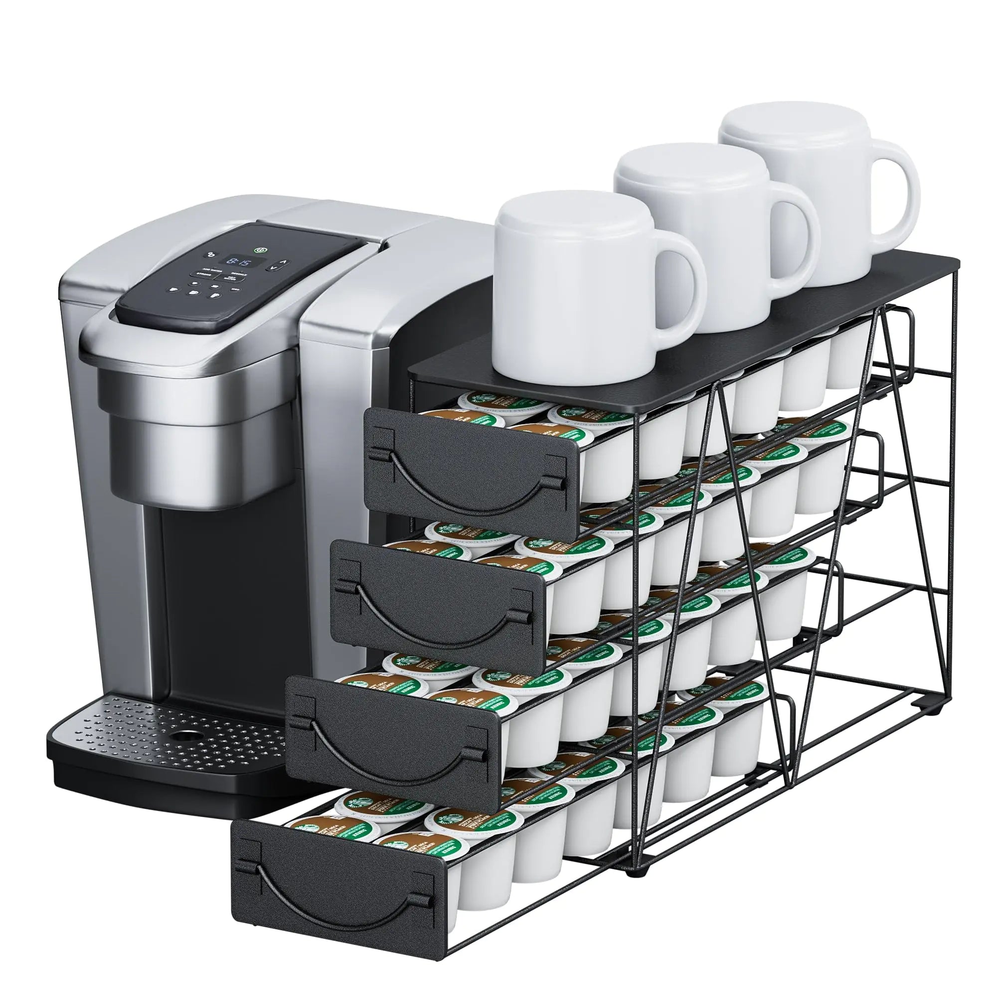 HFHOME 56-Pod Vertical Coffee Organizer | 4-Tier Metal K-Cup Storage Drawer (Black)