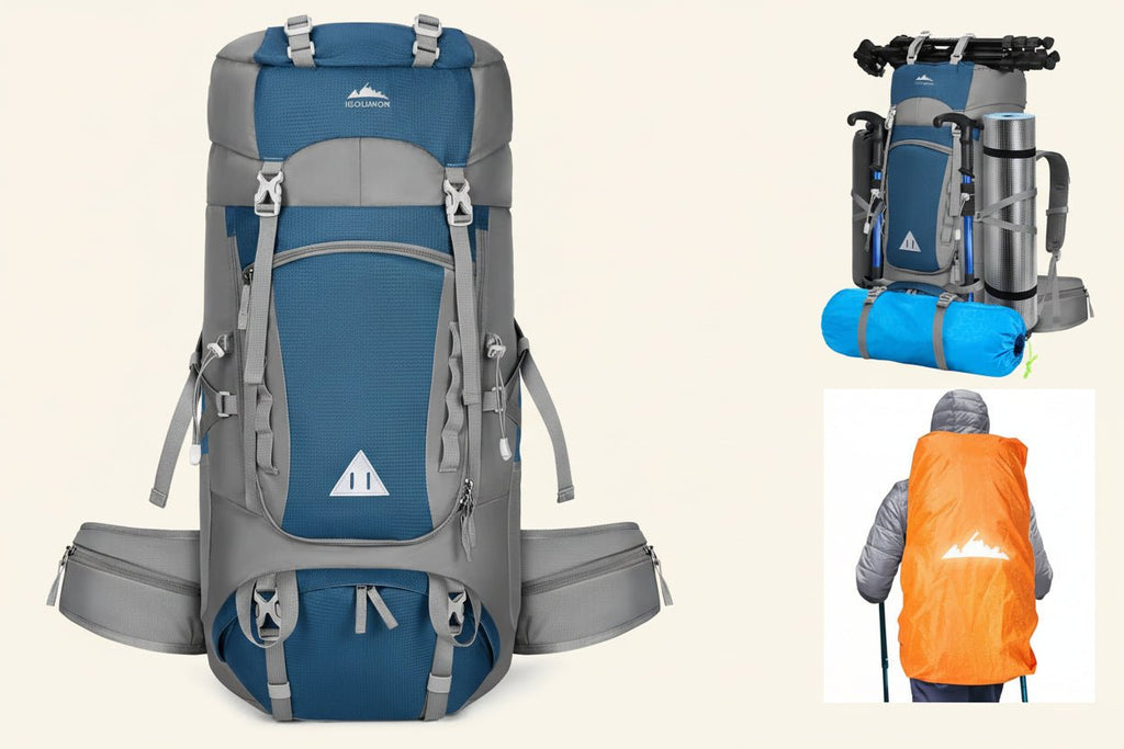IGOLUMON 60L Hiking Backpack – Lightweight Waterproof Camping Pack with Rain Cover (Blue) - Hippopotamus Barn