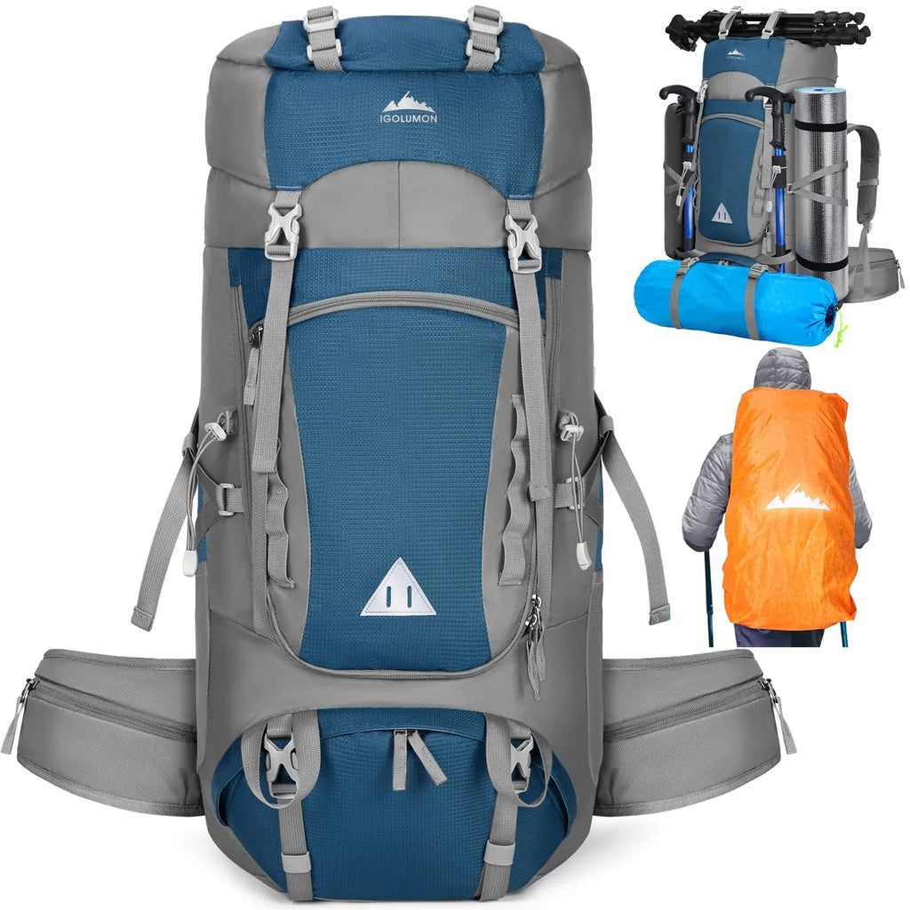IGOLUMON 60L Hiking Backpack – Lightweight Waterproof Camping Pack with Rain Cover (Blue) - Hippopotamus Barn