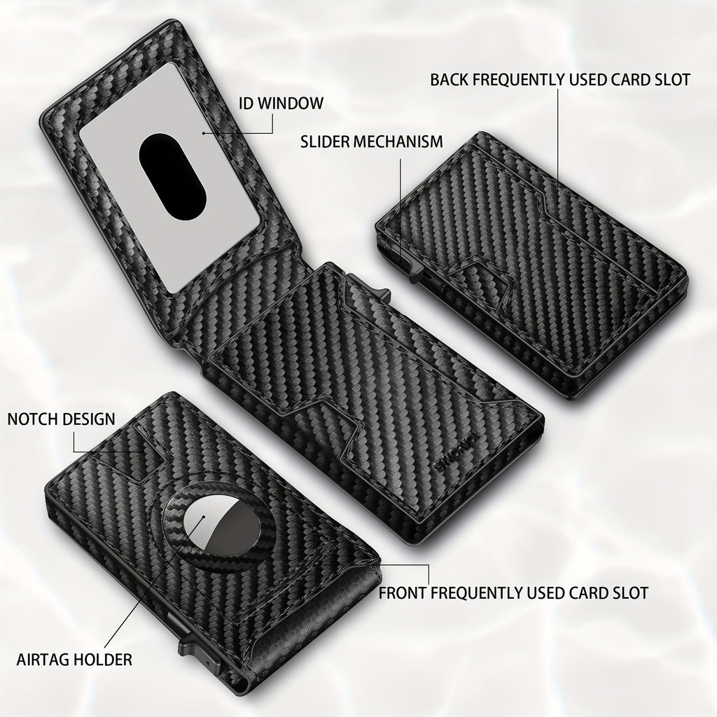 Men's Carbon Fiber RFID Wallet | Aluminum Pop - Up Card Slot & AirTag Holder | Minimalist Bi - Fold - Hippopotamus Barn