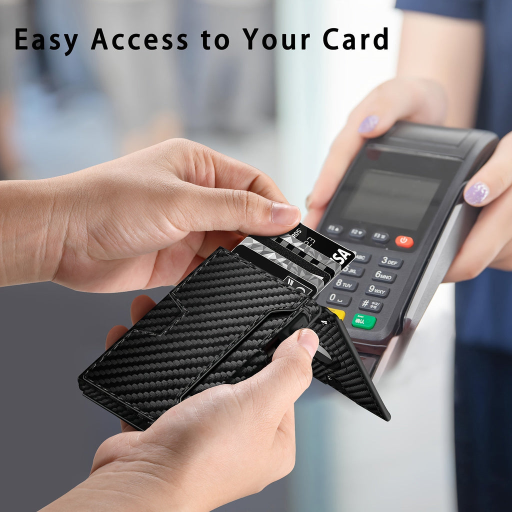 Men's Carbon Fiber RFID Wallet | Aluminum Pop - Up Card Slot & AirTag Holder | Minimalist Bi - Fold - Hippopotamus Barn