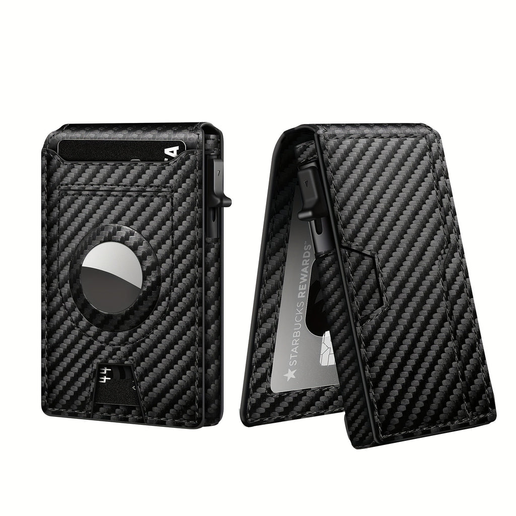 Men's Carbon Fiber RFID Wallet | Aluminum Pop - Up Card Slot & AirTag Holder | Minimalist Bi - Fold - Hippopotamus Barn