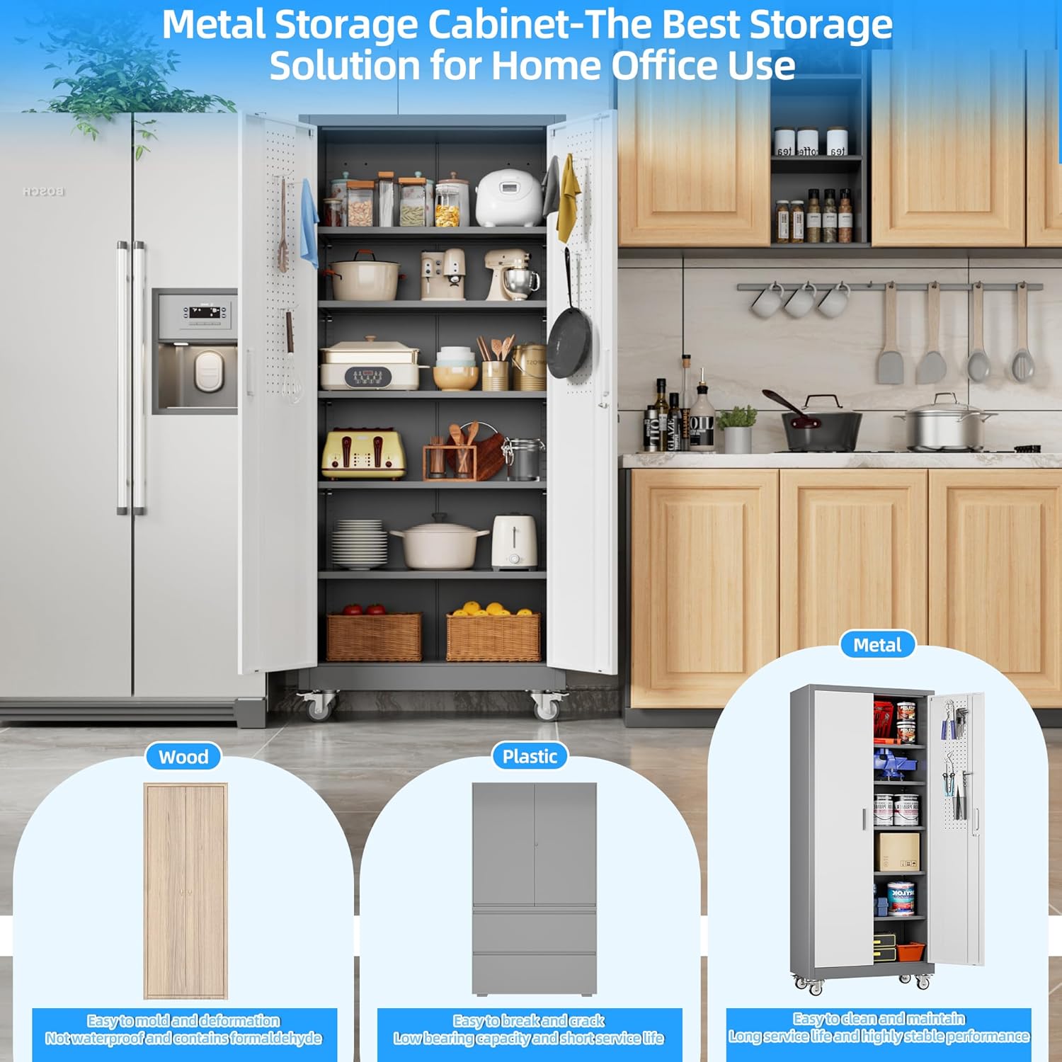 Metal Garage Cabinet with Wheels - Lockable Rolling Storage with 5 Adjustable Shelves - Hippopotamus Barn