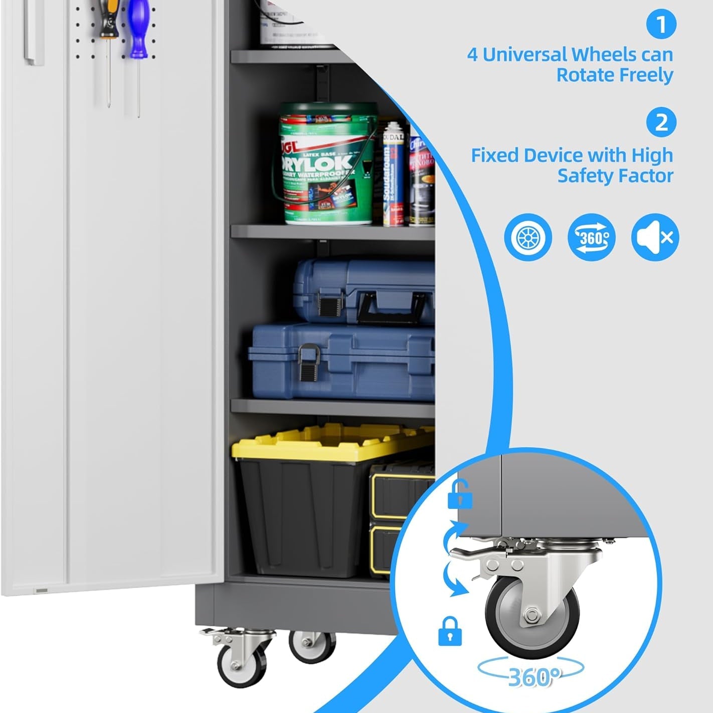 Metal Garage Cabinet with Wheels - Lockable Rolling Storage with 5 Adjustable Shelves - Hippopotamus Barn