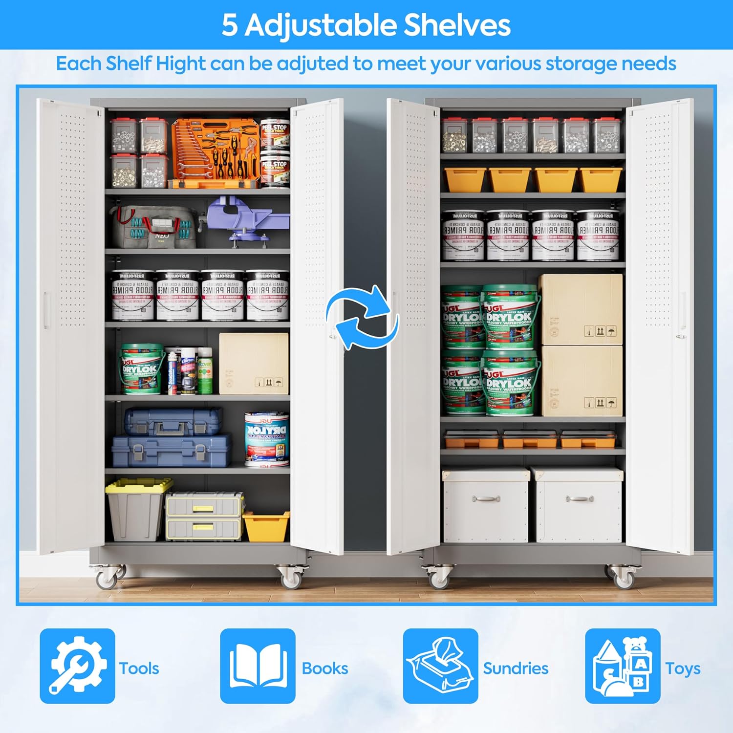 Metal Garage Cabinet with Wheels - Lockable Rolling Storage with 5 Adjustable Shelves - Hippopotamus Barn