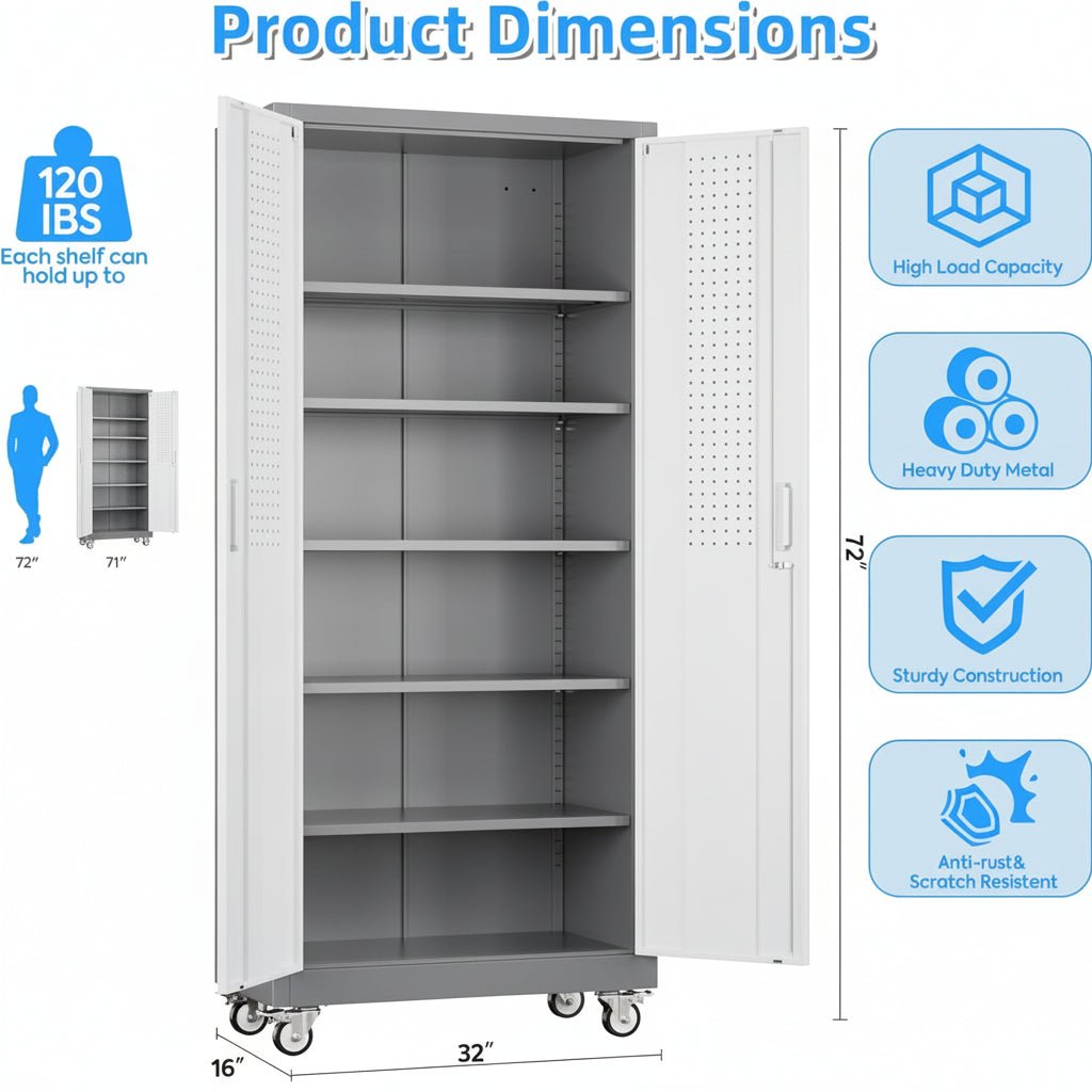 Metal Garage Cabinet with Wheels - Lockable Rolling Storage with 5 Adjustable Shelves - Hippopotamus Barn