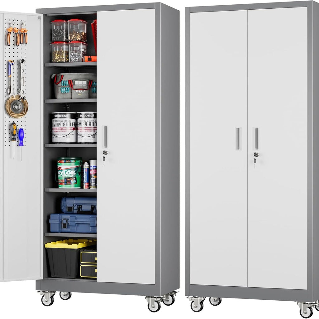 Metal Garage Cabinet with Wheels - Lockable Rolling Storage with 5 Adjustable Shelves - Hippopotamus Barn