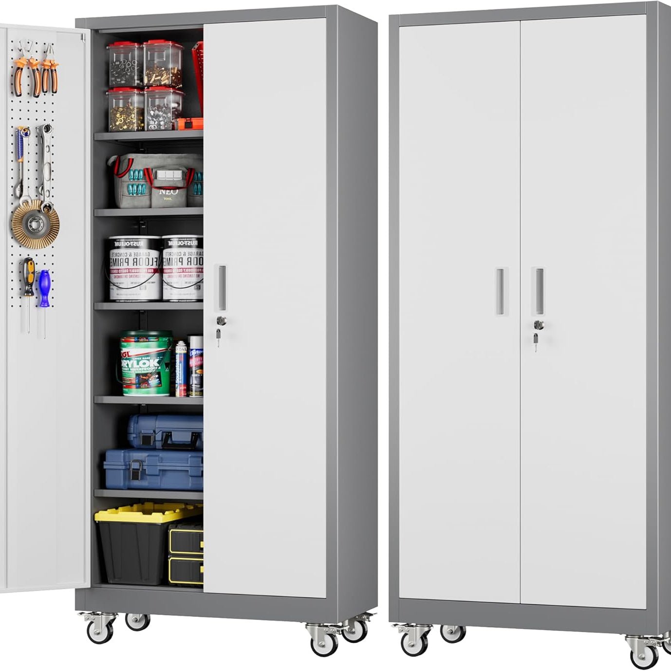 Metal Garage Cabinet with Wheels - Lockable Rolling Storage with 5 Adjustable Shelves - Hippopotamus Barn