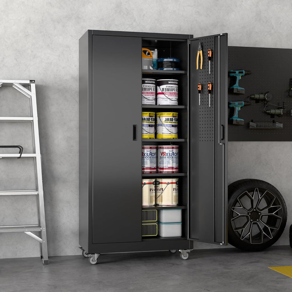 Metal Garage Cabinet with Wheels - Lockable Rolling Storage with 5 Adjustable Shelves - Hippopotamus Barn