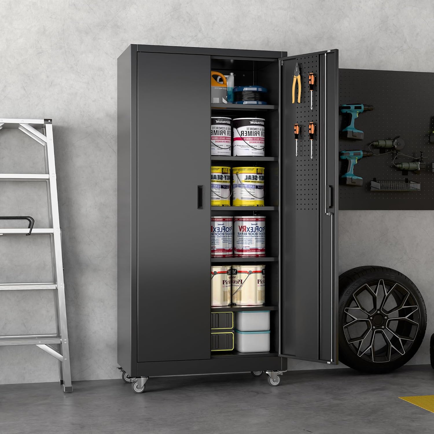 Metal Garage Cabinet with Wheels - Lockable Rolling Storage with 5 Adjustable Shelves - Hippopotamus Barn