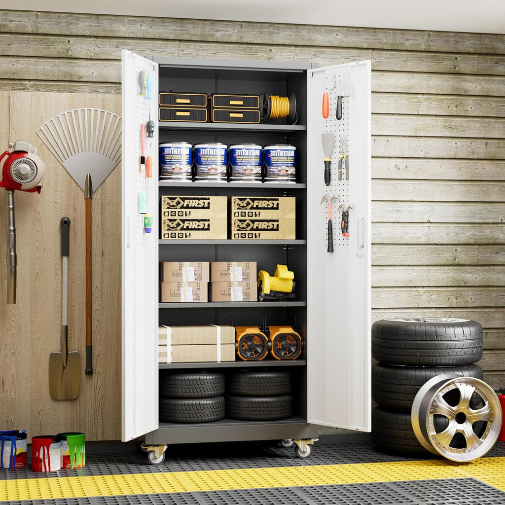 Metal Garage Cabinet with Wheels - Lockable Rolling Storage with 5 Adjustable Shelves - Hippopotamus Barn
