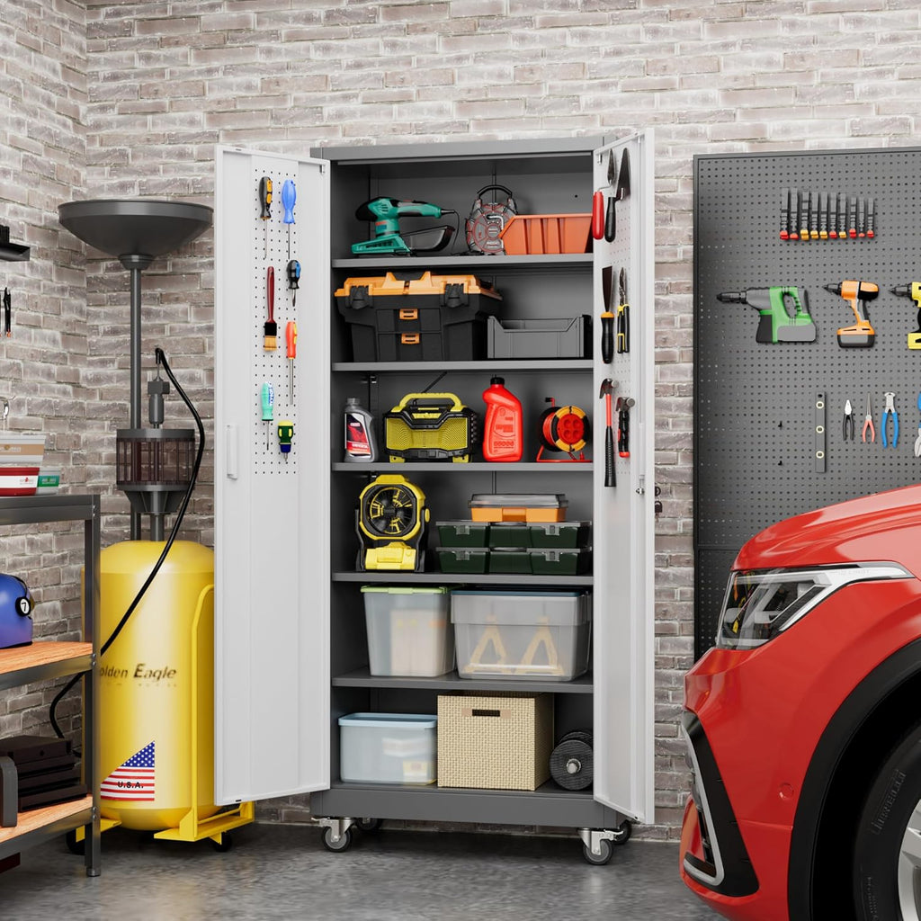 Metal Garage Cabinet with Wheels - Lockable Rolling Storage with 5 Adjustable Shelves - Hippopotamus Barn