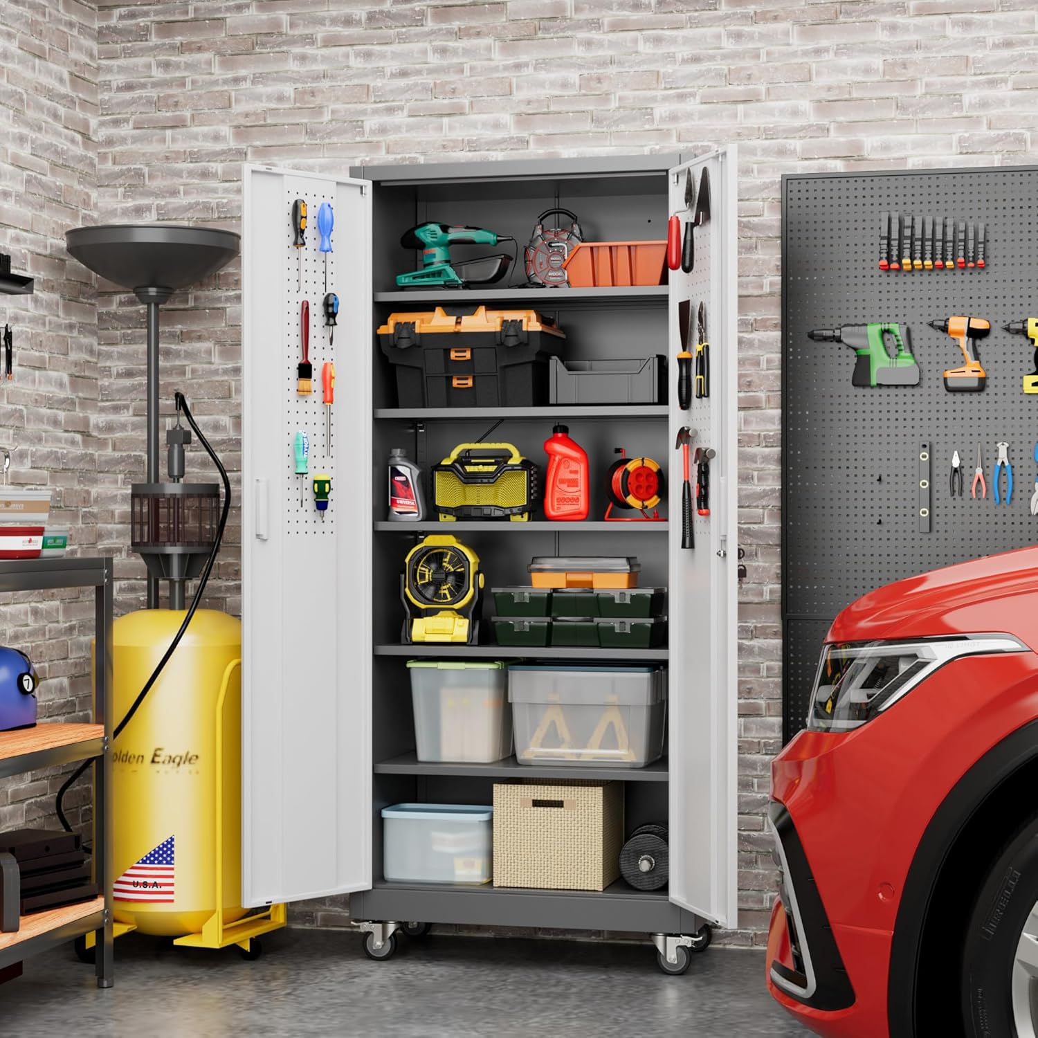 Metal Garage Cabinet with Wheels - Lockable Rolling Storage with 5 Adjustable Shelves - Hippopotamus Barn