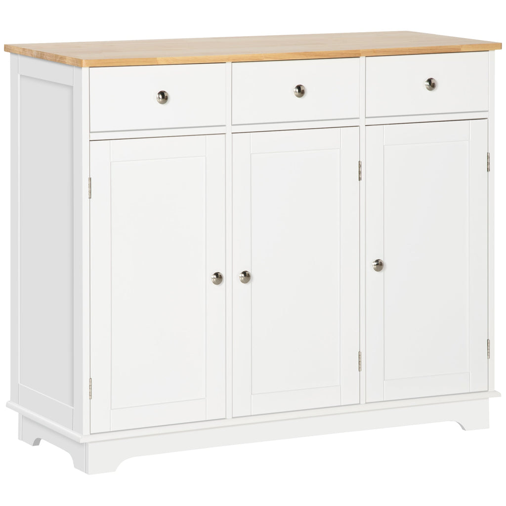 Modern White Sideboard with Rubberwood Top – 3 - Drawer Buffet Cabinet with Adjustable Shelves - Hippopotamus Barn