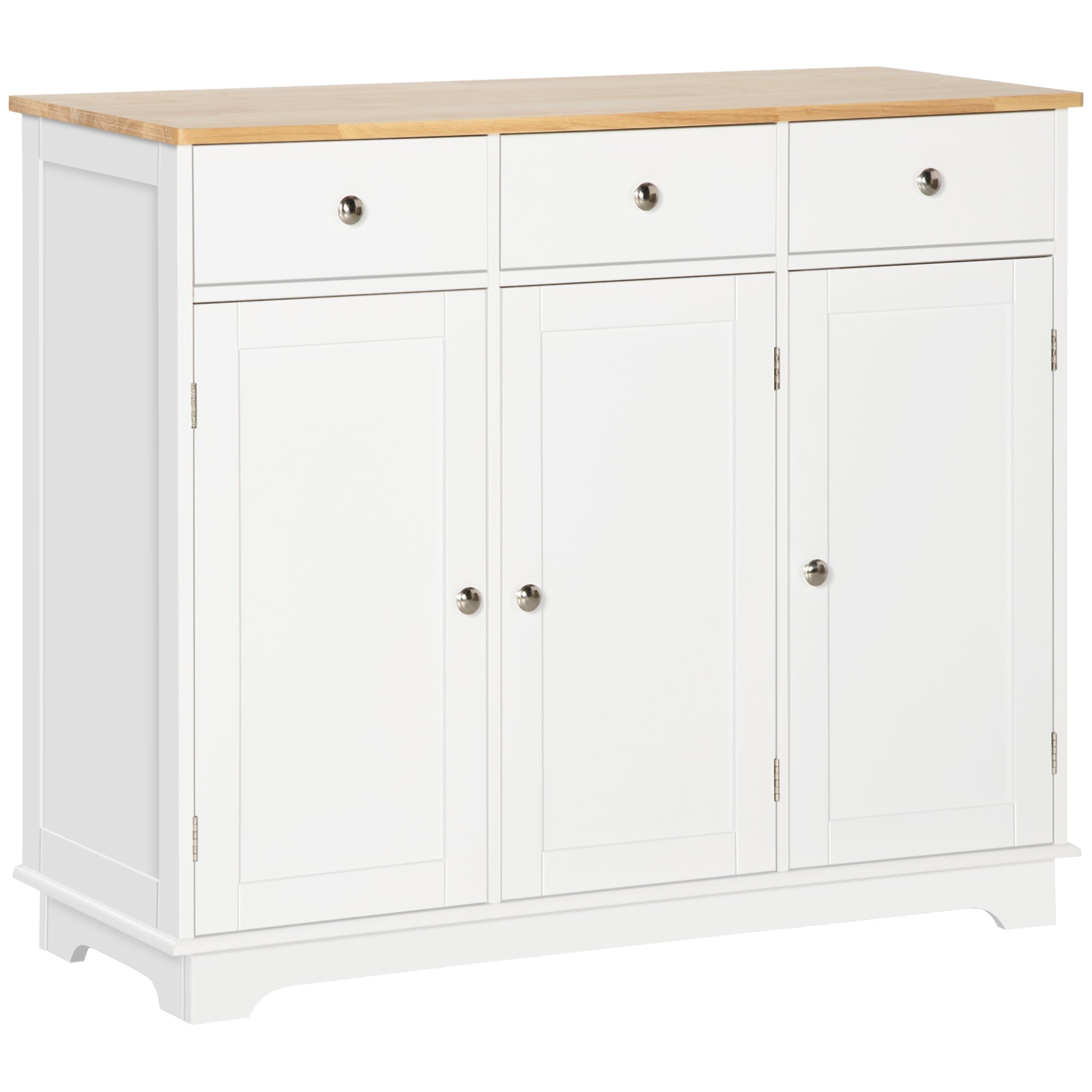 Modern White Sideboard with Rubberwood Top – 3 - Drawer Buffet Cabinet with Adjustable Shelves - Hippopotamus Barn