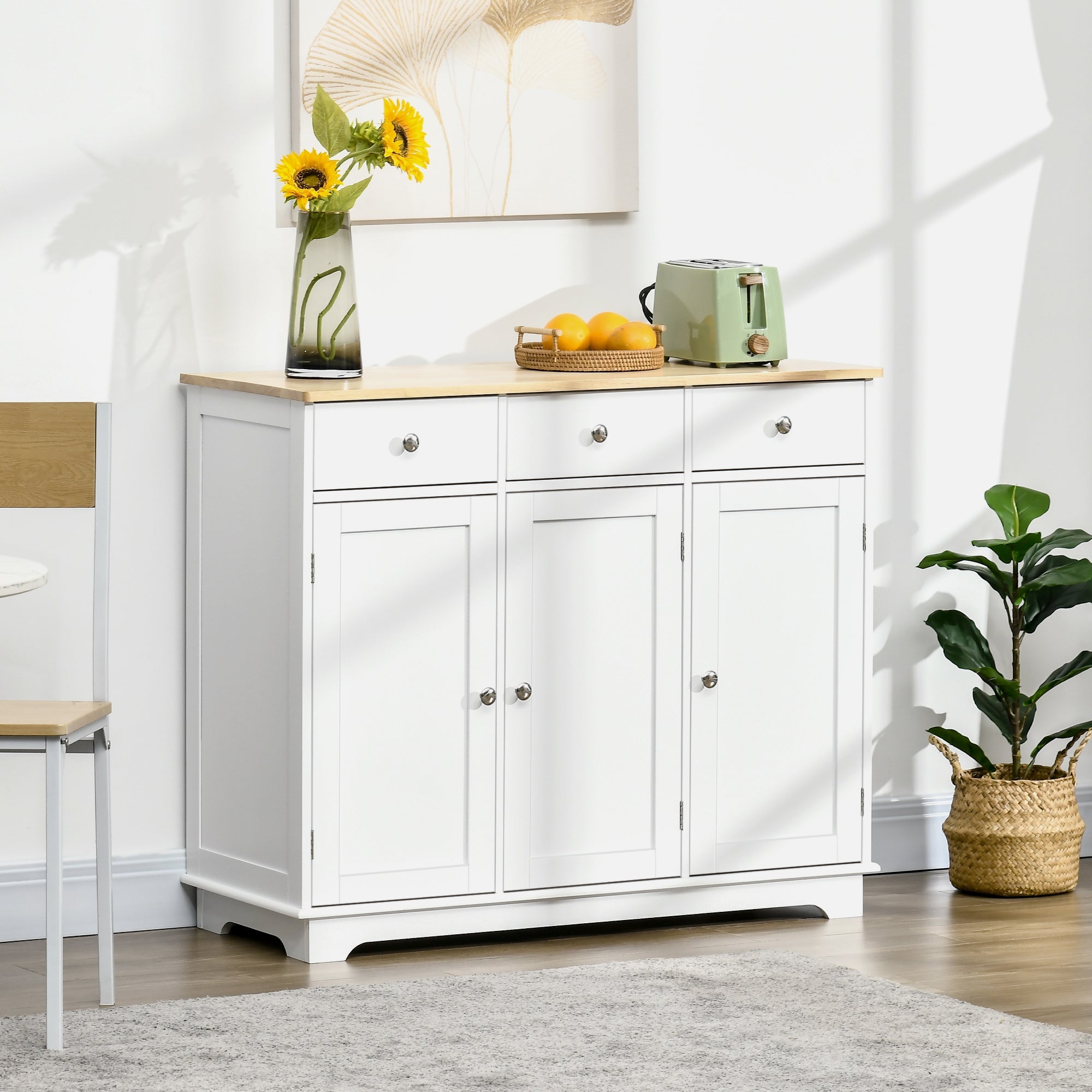 Modern White Sideboard with Rubberwood Top – 3 - Drawer Buffet Cabinet with Adjustable Shelves - Hippopotamus Barn