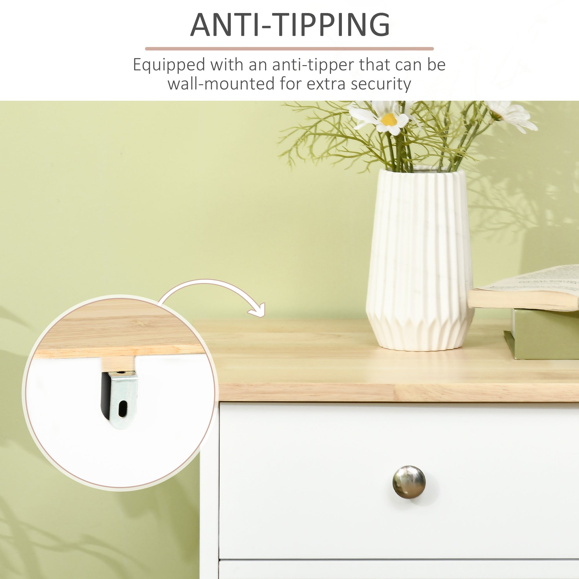 Modern White Sideboard with Rubberwood Top – 3 - Drawer Buffet Cabinet with Adjustable Shelves - Hippopotamus Barn