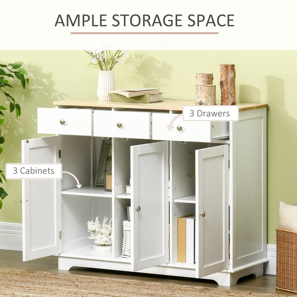 Modern White Sideboard with Rubberwood Top – 3 - Drawer Buffet Cabinet with Adjustable Shelves - Hippopotamus Barn