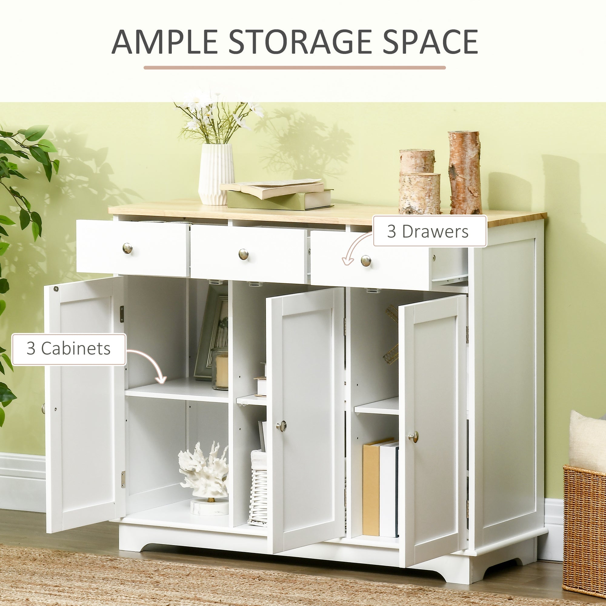 Modern White Sideboard with Rubberwood Top – 3 - Drawer Buffet Cabinet with Adjustable Shelves - Hippopotamus Barn