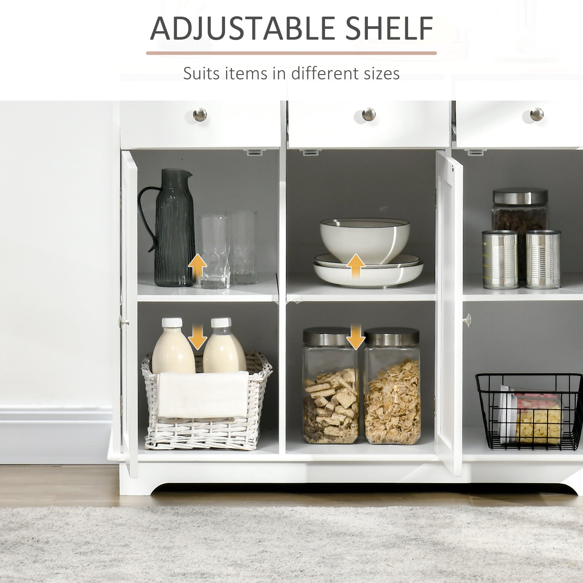 Modern White Sideboard with Rubberwood Top – 3 - Drawer Buffet Cabinet with Adjustable Shelves - Hippopotamus Barn