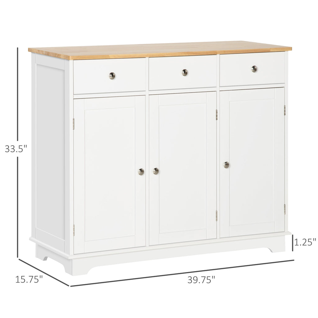 Modern White Sideboard with Rubberwood Top – 3 - Drawer Buffet Cabinet with Adjustable Shelves - Hippopotamus Barn