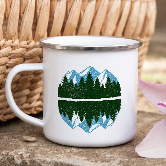 Mountain Enamel Camping Mug - 10oz White Cast Iron Coffee Mug - Hippopotamus Barn