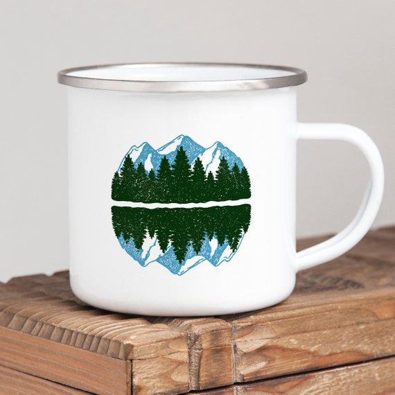 Mountain Enamel Camping Mug - 10oz White Cast Iron Coffee Mug - Hippopotamus Barn