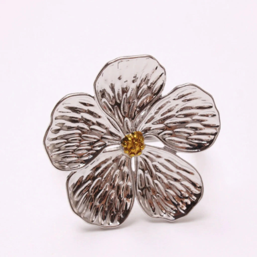 Napkin Rings Set of 6 - Hammered Metal Flower Napkin Holders for Wedding, Dinner Party, Holiday Table Decor - Hippopotamus Barn