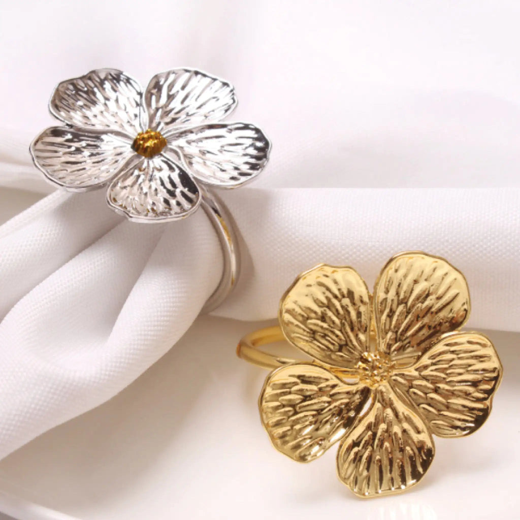 Napkin Rings Set of 6 - Hammered Metal Flower Napkin Holders for Wedding, Dinner Party, Holiday Table Decor - Hippopotamus Barn