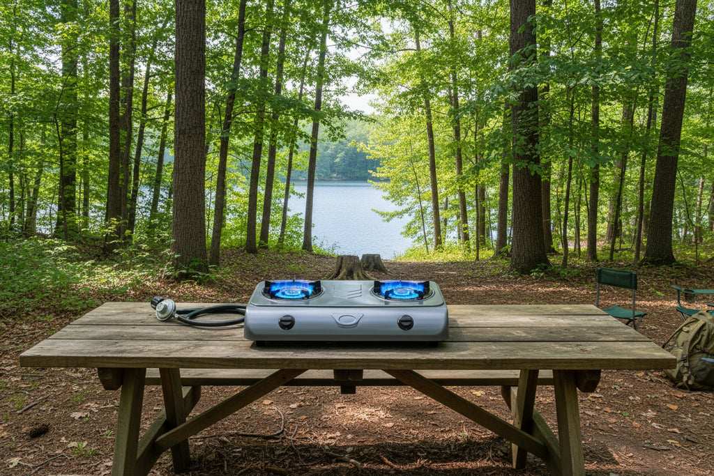 Dr.Camp 35,000 BTU Double Burner Propane Stove – Auto-Ignition Outdoor Cooker with CSA Regulator