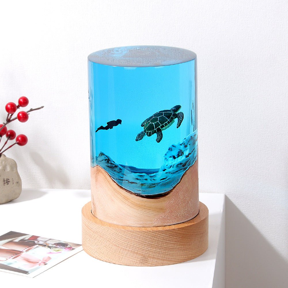Ocean Night Light – Solid Wood & Resin Cylinder Desk Lamp - Hippopotamus Barn