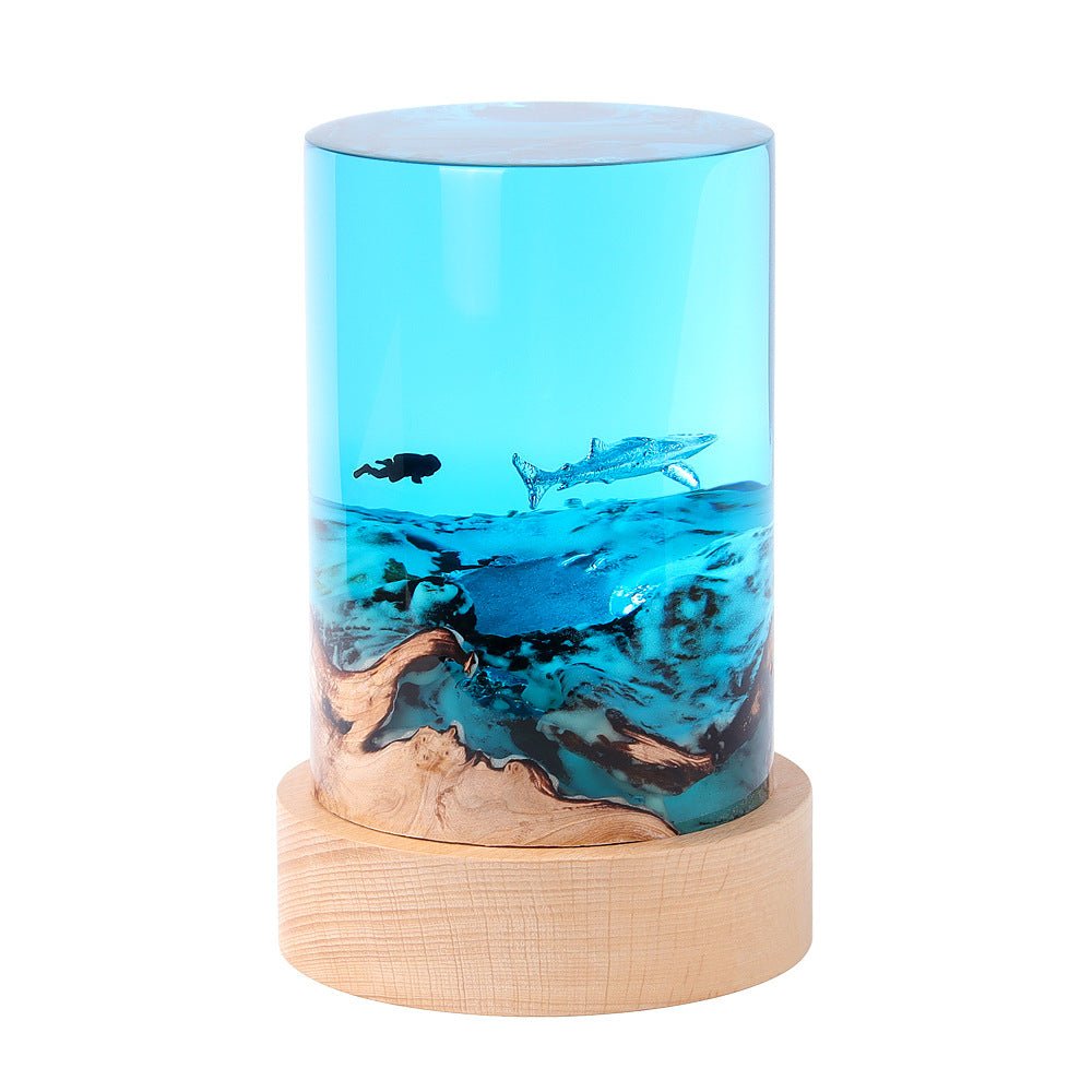 Ocean Night Light – Solid Wood & Resin Cylinder Desk Lamp - Hippopotamus Barn