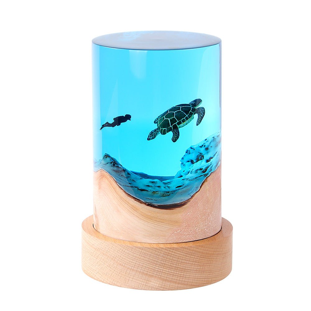 Ocean Night Light – Solid Wood & Resin Cylinder Desk Lamp - Hippopotamus Barn