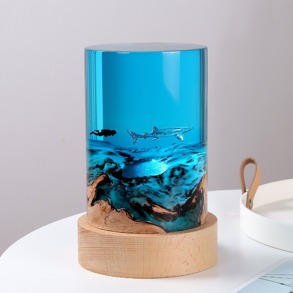 Ocean Night Light – Solid Wood & Resin Cylinder Desk Lamp - Hippopotamus Barn