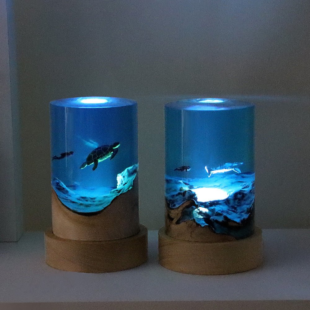 Ocean Night Light – Solid Wood & Resin Cylinder Desk Lamp - Hippopotamus Barn