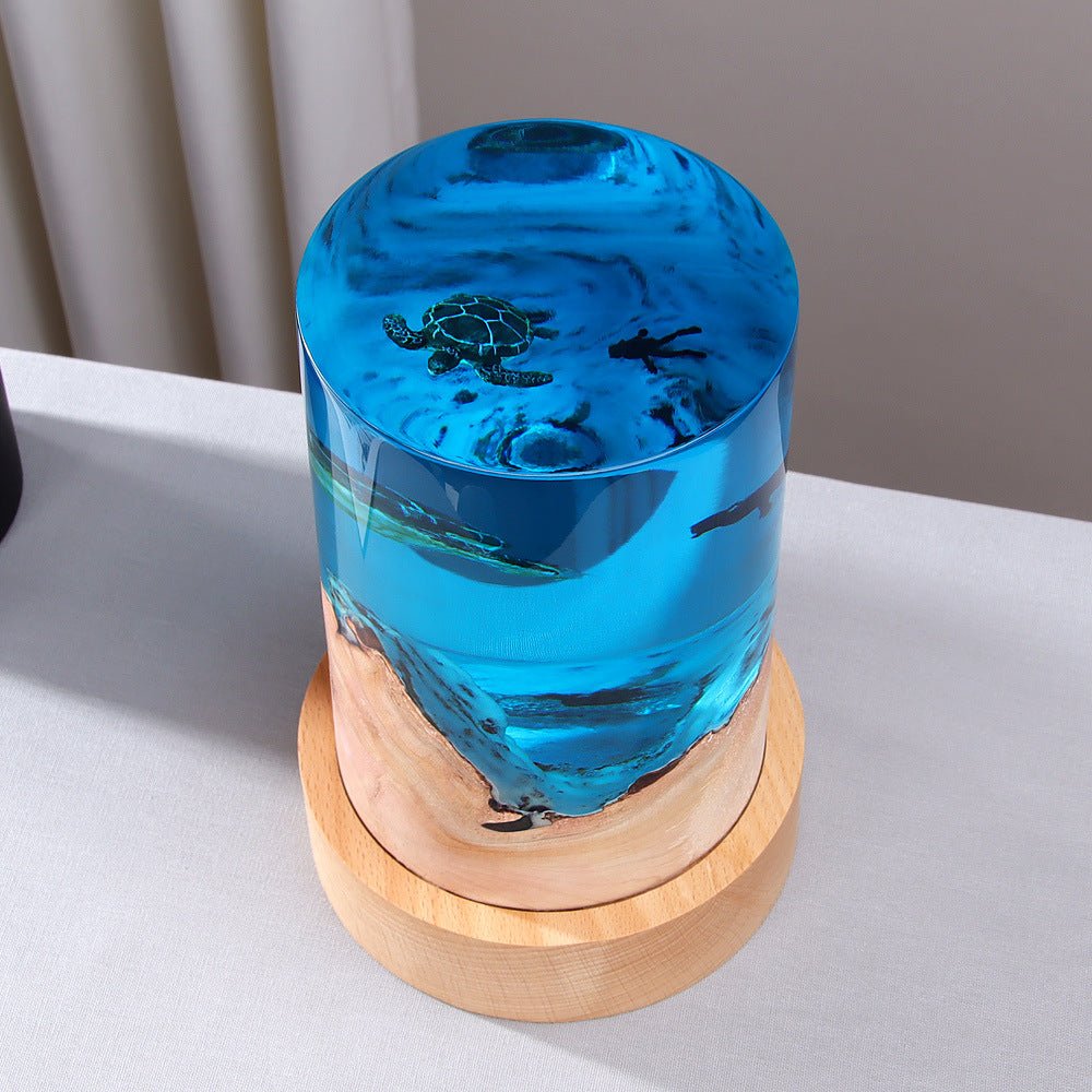 Ocean Night Light – Solid Wood & Resin Cylinder Desk Lamp - Hippopotamus Barn