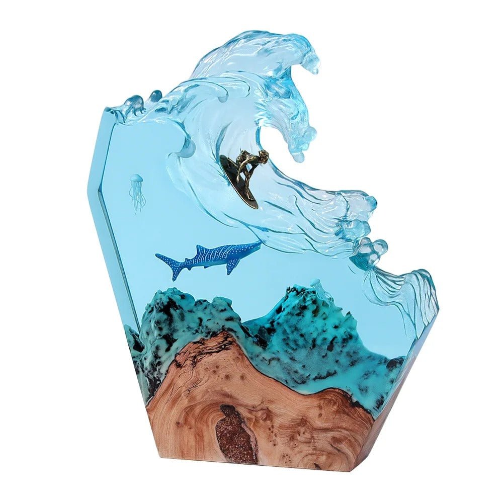 Ocean Night Light – Solid Wood & Resin Cylinder Desk Lamp - Hippopotamus Barn