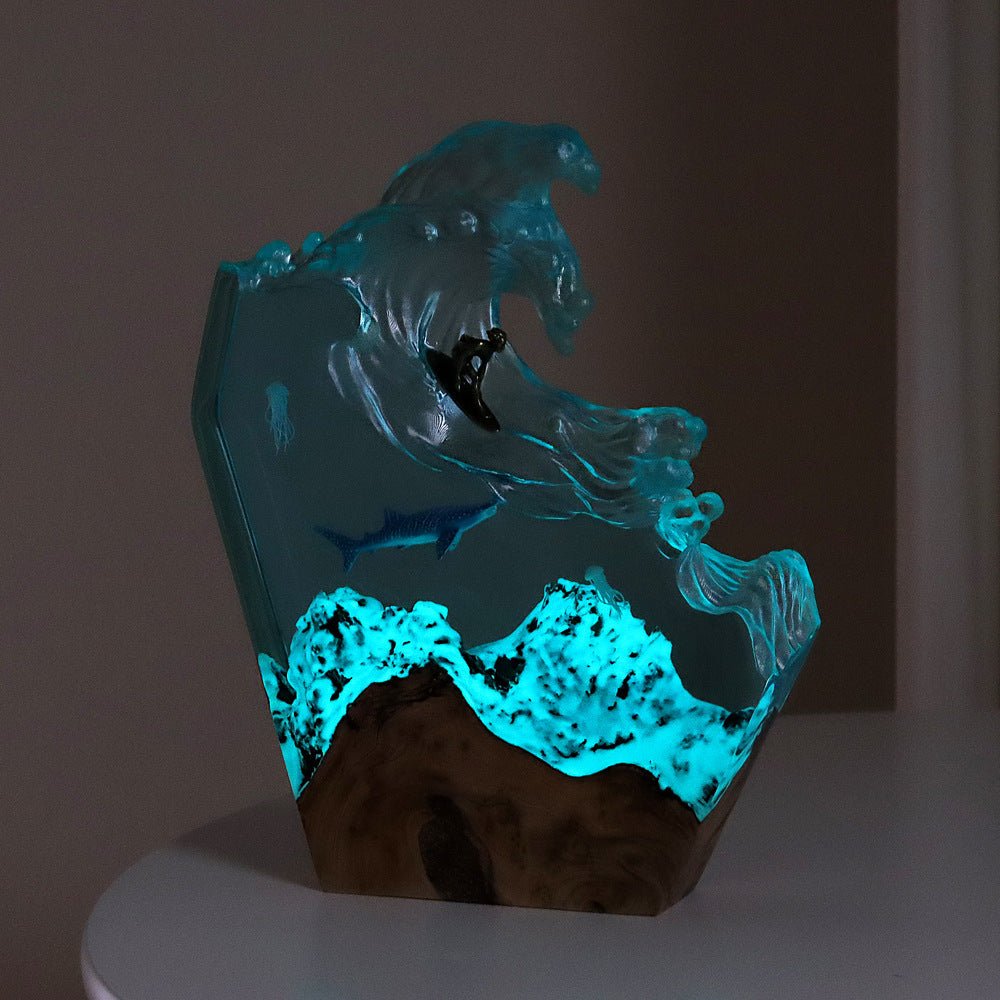 Ocean Night Light – Solid Wood & Resin Cylinder Desk Lamp - Hippopotamus Barn