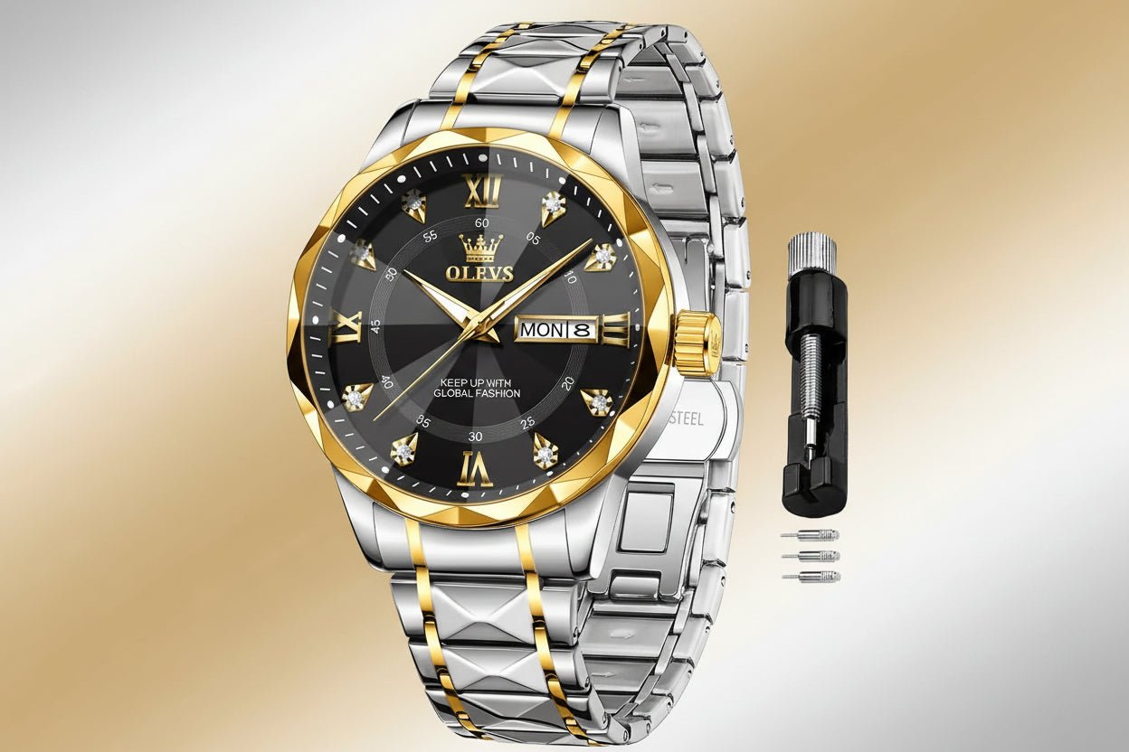 OLEVS Men's Business Luxury Diamond Watch | Two - Tone Stainless Steel Analog Dress Watch - Hippopotamus Barn