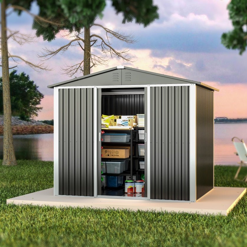 Outdoor Metal Storage Shed 8.6 x 6.3 Ft – Dual Sliding Doors | 54 Sq Ft Weatherproof Backyard Storage - Hippopotamus Barn