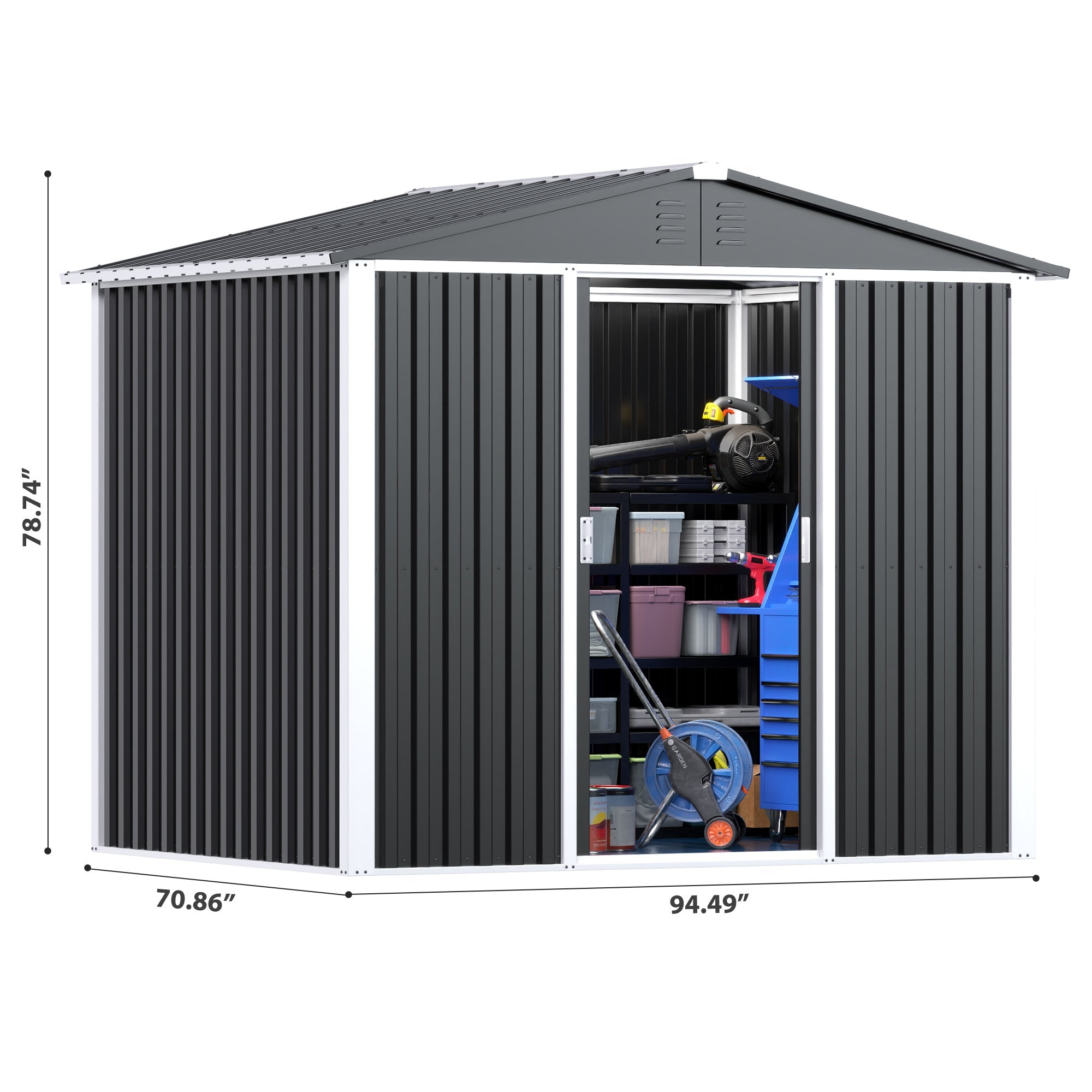 Outdoor Metal Storage Shed 8.6 x 6.3 Ft – Dual Sliding Doors | 54 Sq Ft Weatherproof Backyard Storage - Hippopotamus Barn