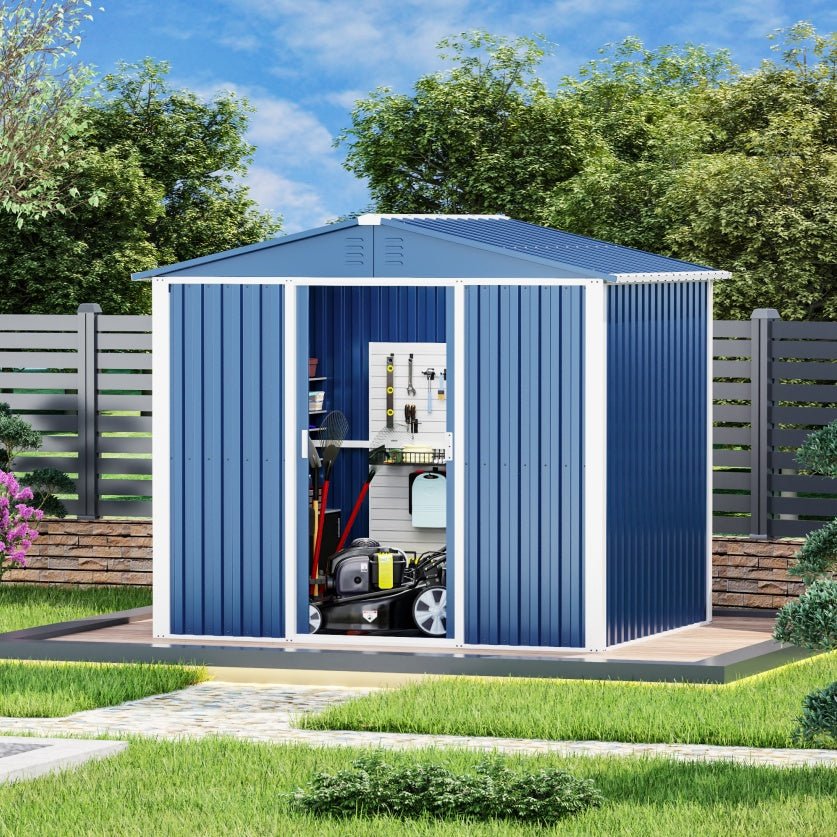 Outdoor Metal Storage Shed 8.6 x 6.3 Ft – Sliding Door, 54 Sq Ft | Blue | Backyard, Garden, Patio - Hippopotamus Barn
