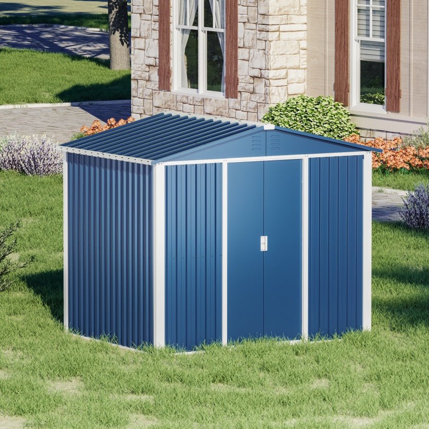 Outdoor Metal Storage Shed 8.6 x 6.3 Ft – Sliding Door, 54 Sq Ft | Blue | Backyard, Garden, Patio - Hippopotamus Barn