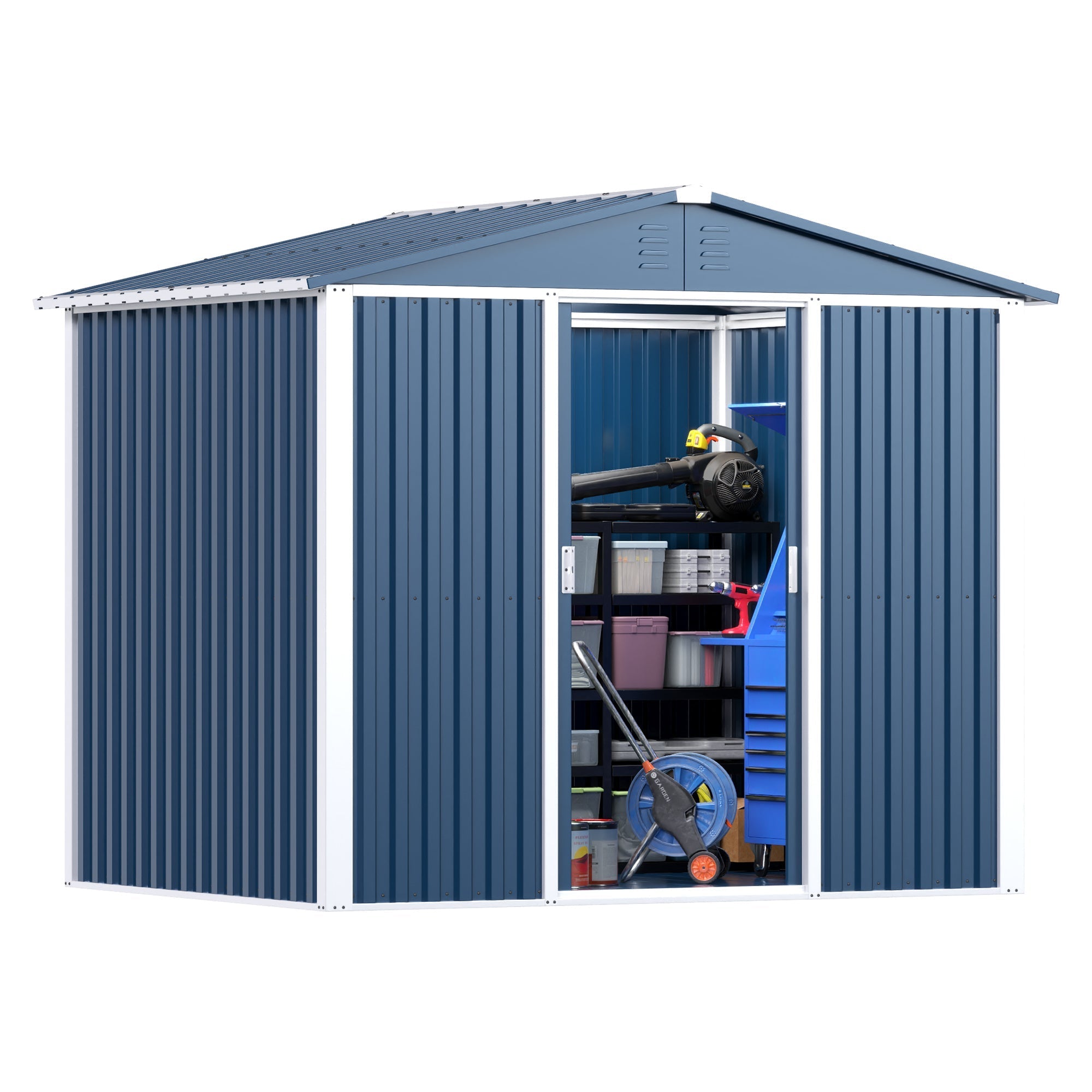 Outdoor Metal Storage Shed 8.6 x 6.3 Ft – Sliding Door, 54 Sq Ft | Blue | Backyard, Garden, Patio - Hippopotamus Barn