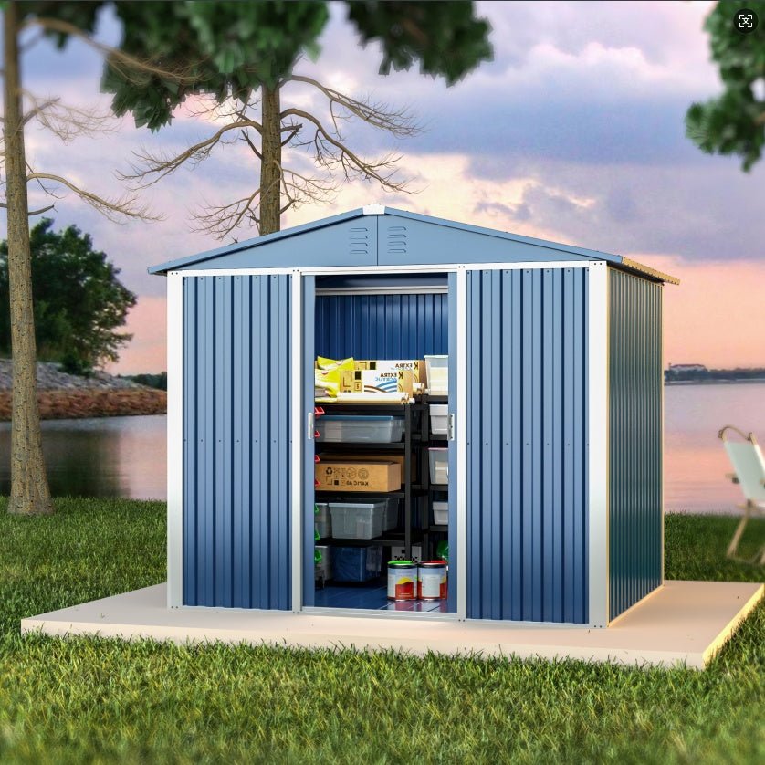 Outdoor Metal Storage Shed 8.6 x 6.3 Ft – Sliding Door, 54 Sq Ft | Blue | Backyard, Garden, Patio - Hippopotamus Barn