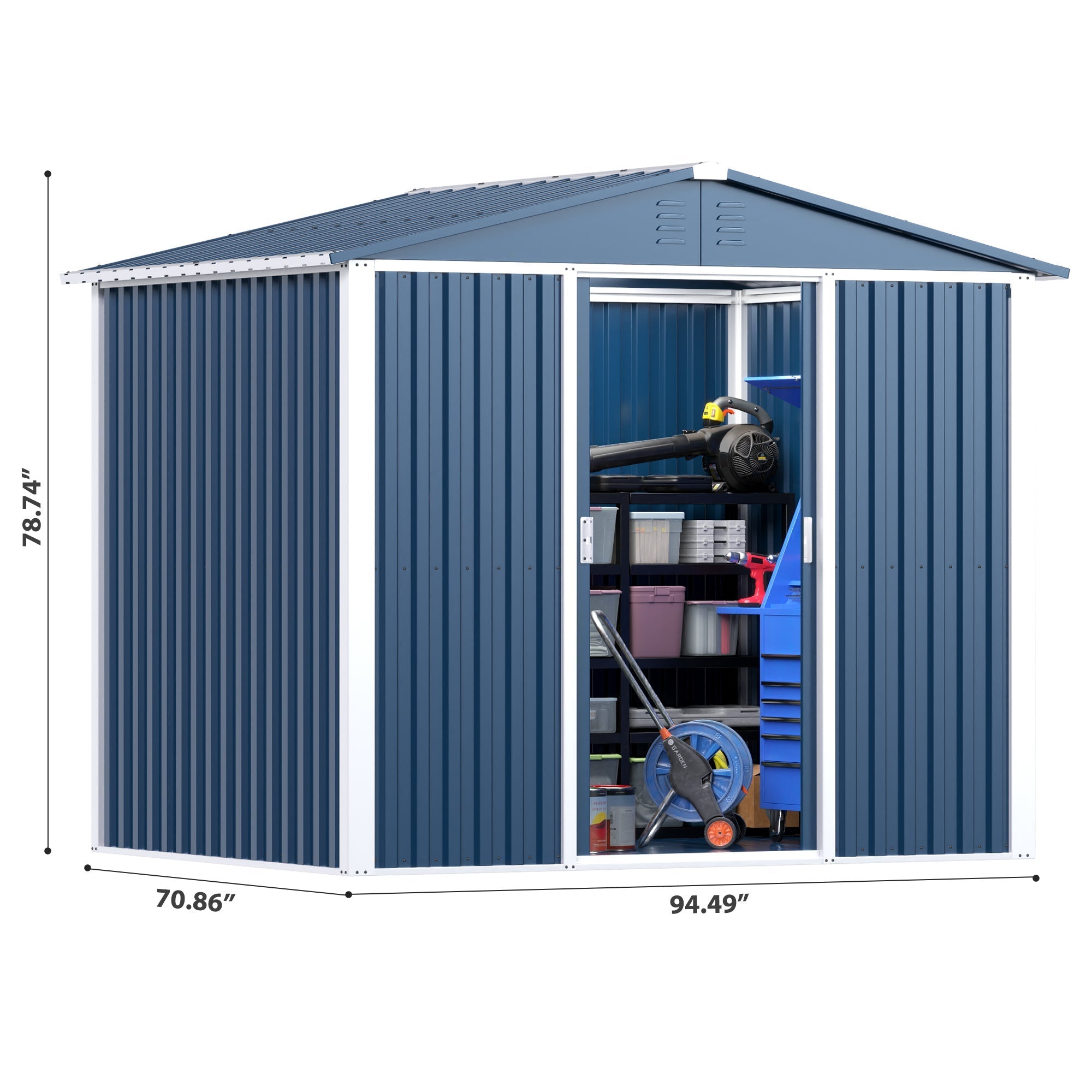 Outdoor Metal Storage Shed 8.6 x 6.3 Ft – Sliding Door, 54 Sq Ft | Blue | Backyard, Garden, Patio - Hippopotamus Barn