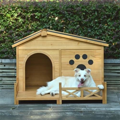 Outdoor Wooden Dog House with Porch - 48" Weather - Resistant Kennel for Medium Dogs - Hippopotamus Barn