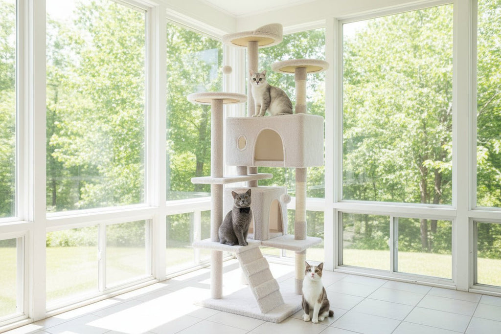 PayLessHere 54 - Inch Multi - Level Cat Tree | Luxury Activity Center & Condo (Beige) - Hippopotamus Barn