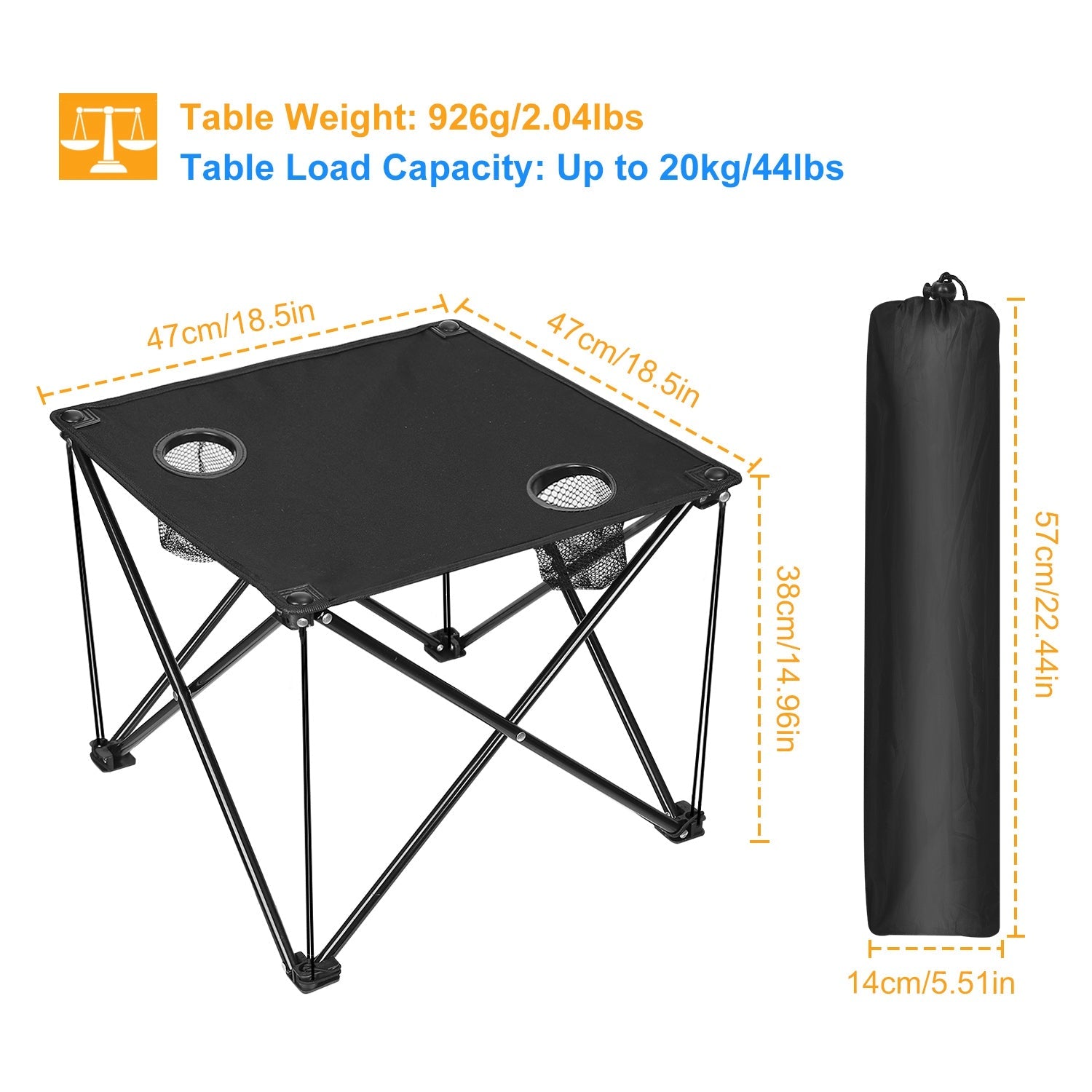 Portable Folding Camping Table | 18.5" Square, 44 lb Capacity, 2 Cup Holders & Carry Bag | Lightweight 2 lb | Black - Hippopotamus Barn